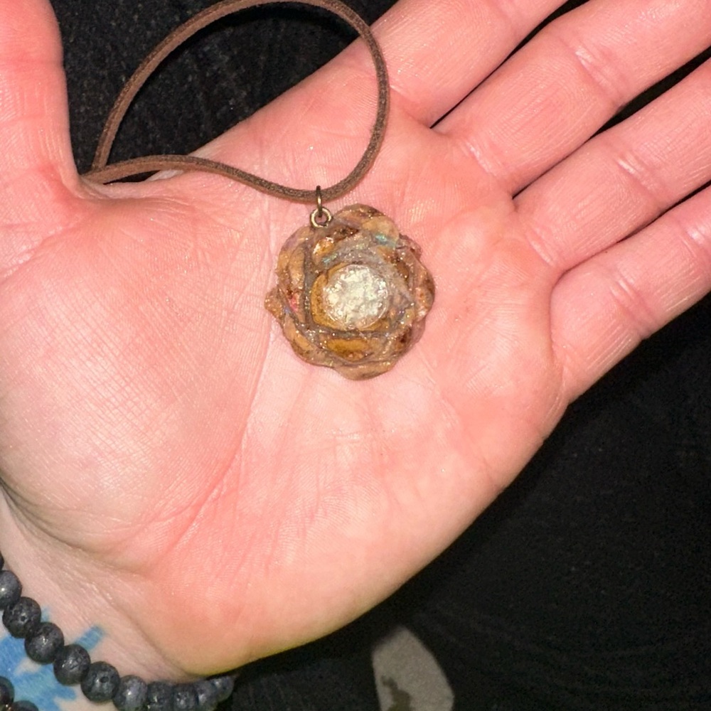 Reiki Charged Selenite and glitter Pine Cone necklace pendant